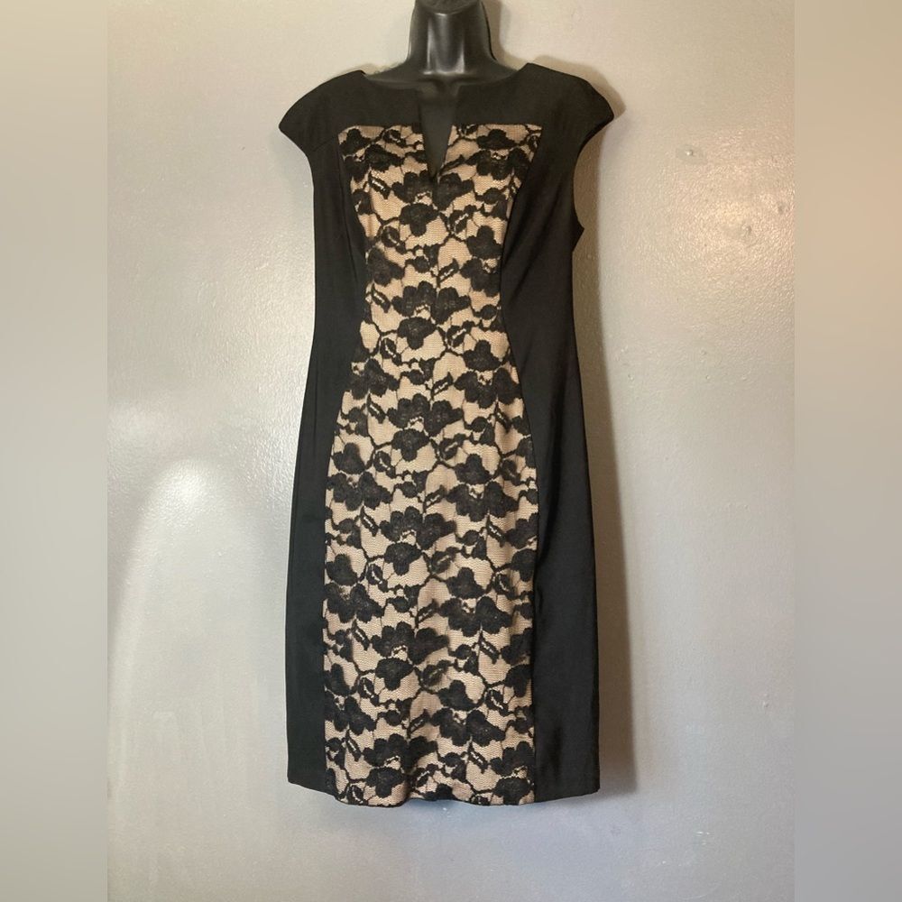 Connected Apparel Black and Cream Floral Lace Dress